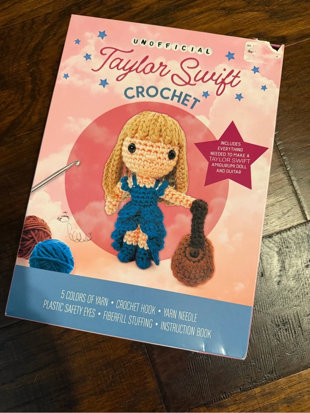 Taylor Swift Crochet Kit - Pink Box with Blue, Yellow, Brown Yarn